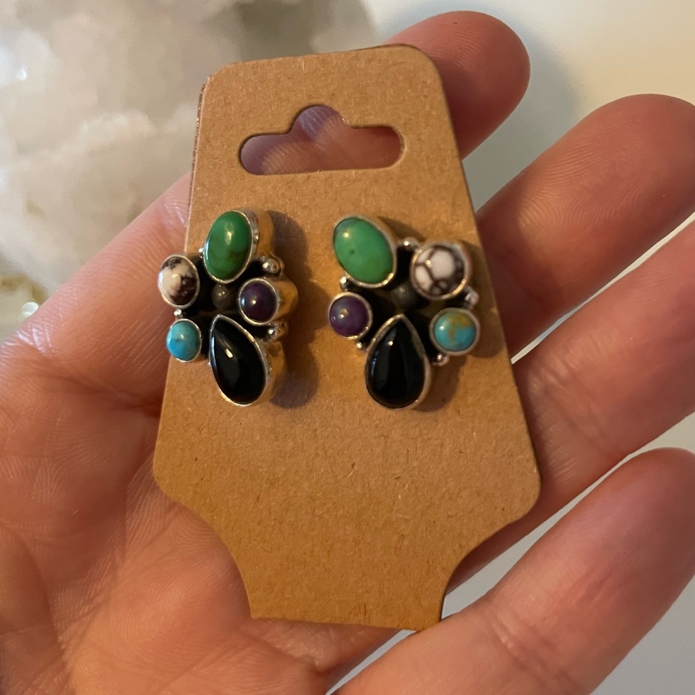 Southwest Cluster Turquoise Sterling Silver Stud Earrings